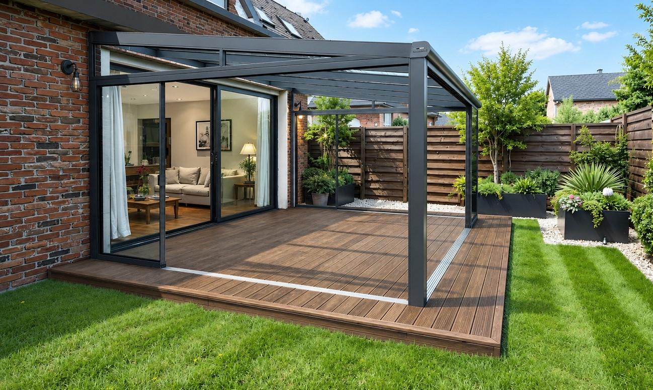 Langlebige Bambus-Terrassendielen für den Garten Bambus-Terrassendielen als Gartenterrasse mit Loungemöbeln und Sonnenschirm