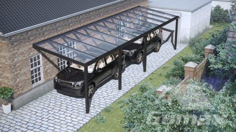 Moderne Carport in matt schwarz 11.06 x 3 Meter mit Glasdach