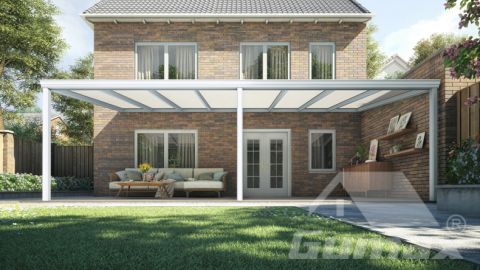 Klassische Terrassenüberdachung in matt weiß 8.06 x 3.5 Meter mit Opal Polycarbonat