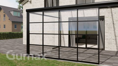 Steel Look glass sliding door 4-rail system matt black 3920mm wide with passage height of 2380mm – 2420mm