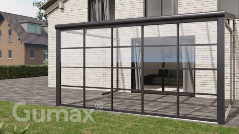 Steel Look glass sliding door 5-rail system matt anthracite 4900mm wide with passage height of 2480mm – 2520mm