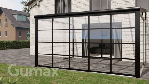 Steel Look glass sliding door 5-rail system matt black 4900mm wide with passage height of 2230mm – 2270mm