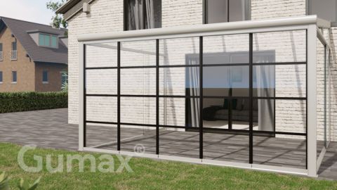 Steel Look glass sliding door 5-rail system matt white 4900mm wide with passage height of 2080mm – 2120mm